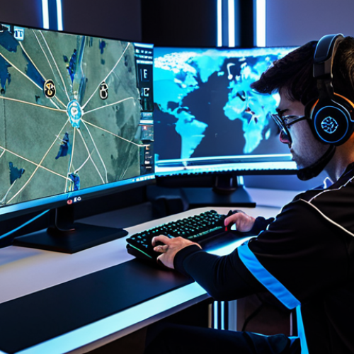 Home 22 A professional male esports player, fully clothed in a modest, high-performance gaming jersey with a team logo, intensely focused on a large, high-resolution monitor displaying a tactical first-person shooter game map. His hands are positioned expertly on a mouse and keyboard, demonstrating precise crosshair placement. The background is a clean, well-lit modern gaming studio with subtle futuristic accents. Perfect anatomy, correct proportions, natural pose, well-formed hands, proper finger count, natural body proportions. Safe for work, appropriate content, fully clothed, professional, high quality photography.