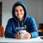 A young adult, professionally dressed in a modest, high-quality Valorant-themed hoodie, sits comfortably at a clean, modern home office desk. A branded Valorant mug is on the desk, filled with a warm beverage. The individual gently holds the mug, looking subtly towards a monitor (out of frame), with a slight, content smile. The scene is illuminated by soft, natural light, creating a professional and inviting atmosphere. Perfect anatomy, correct proportions, natural pose, well-formed hands, proper finger count. Professional photography, photorealistic, ultra-detailed, vivid colors, smooth textures. safe for work, appropriate content, fully clothed, modest, professional.