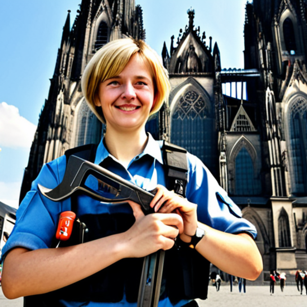 Killjoy in Cologne**

"Killjoy, a young German engineer with short blonde hair, standing in front of the Cologne Cathedral, fully clothed in her tactical gear, holding a wrench. Background shows a sunny day in Cologne, with tourists and local architecture. Safe for work, appropriate content, professional, family-friendly, perfect anatomy, correct proportions, well-formed hands, proper finger count, natural pose."

**