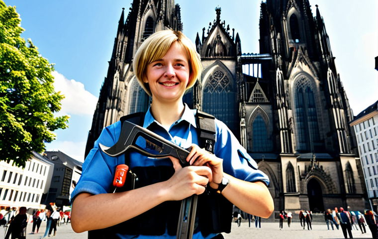 Killjoy in Cologne**
"Killjoy, a young German engineer with short blonde hair, standing in front of the Cologne Cathedral, fully clothed in her tactical gear, holding a wrench. Background shows a sunny day in Cologne, with tourists and local architecture. Safe for work, appropriate content, professional, family-friendly, perfect anatomy, correct proportions, well-formed hands, proper finger count, natural pose."
**