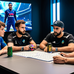 Team Huddle – Strategy Session**

"A diverse team of gamers, fully clothed in comfortable esports attire, huddled around a table covered with strategy notes and energy drinks, discussing tactics before a VALORANT match, serious but focused expressions, professional setting, brightly lit gaming room, safe for work, appropriate content, perfect anatomy, natural proportions, family-friendly."

**