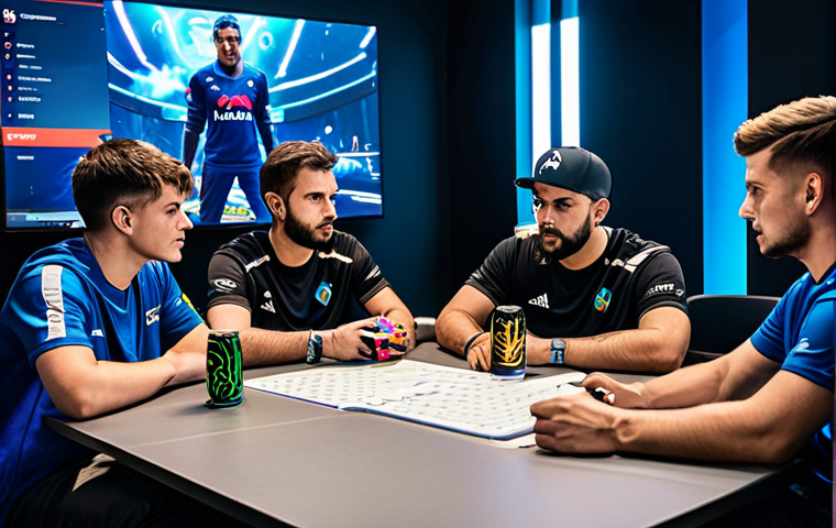 Team Huddle – Strategy Session**
"A diverse team of gamers, fully clothed in comfortable esports attire, huddled around a table covered with strategy notes and energy drinks, discussing tactics before a VALORANT match, serious but focused expressions, professional setting, brightly lit gaming room, safe for work, appropriate content, perfect anatomy, natural proportions, family-friendly."
**