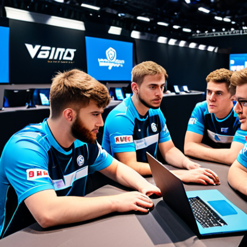 Home 23 **Image:** A professional Valorant esports team, fully clothed in team jerseys, strategizing around a table with laptops at a German gaming convention, appropriate content, safe for work, perfect anatomy, well-formed hands, natural body proportions, professional lighting.