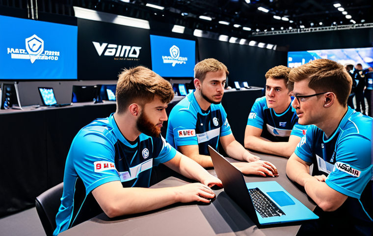**Image:** A professional Valorant esports team, fully clothed in team jerseys, strategizing around a table with laptops at a German gaming convention, appropriate content, safe for work, perfect anatomy, well-formed hands, natural body proportions, professional lighting.