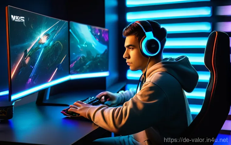 발로란트 초보자 전용 콘텐츠 - **Prompt:** A young adult, gender-neutral, deeply engrossed in a high-stakes Valorant match on a sop...