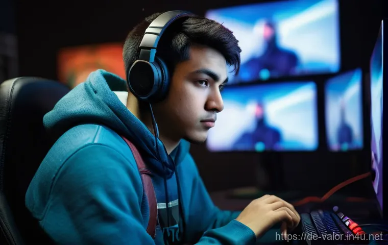 발로란트 친구 초대 및 팀 구하기 - **Prompt:** "A young adult male gamer (early 20s) sitting in a modern gaming chair, slightly slouche...