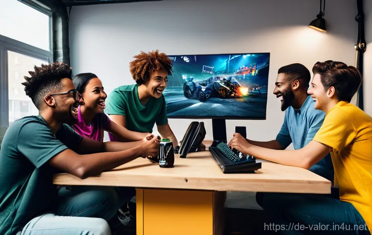 발로란트 친구 초대 및 팀 구하기 - **Prompt:** "A dynamic, diverse group of five young adult gamers (mixed genders, various ethnicities...