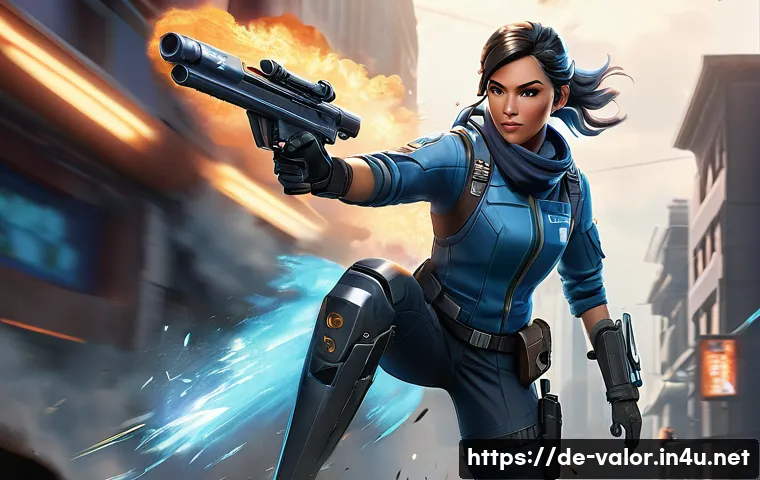 발로란트 제트 공략법 - A highly dynamic and action-packed image of Valorant agent Jett. She is mid-dash, having just used h...