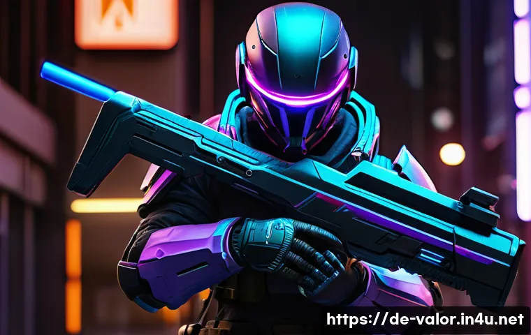 발로란트 스킨 종류 및 가격 - A futuristic Valorant weapon skin featuring intricate cyberpunk design elements with glowing neon bl...