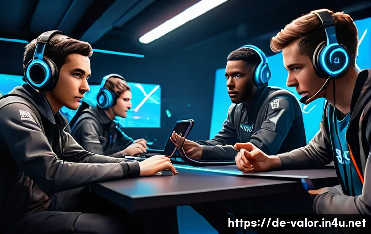 발로란트 유저간 분쟁 해결법 - A detailed digital illustration of a diverse Valorant team in the middle of a tense match, showing a...