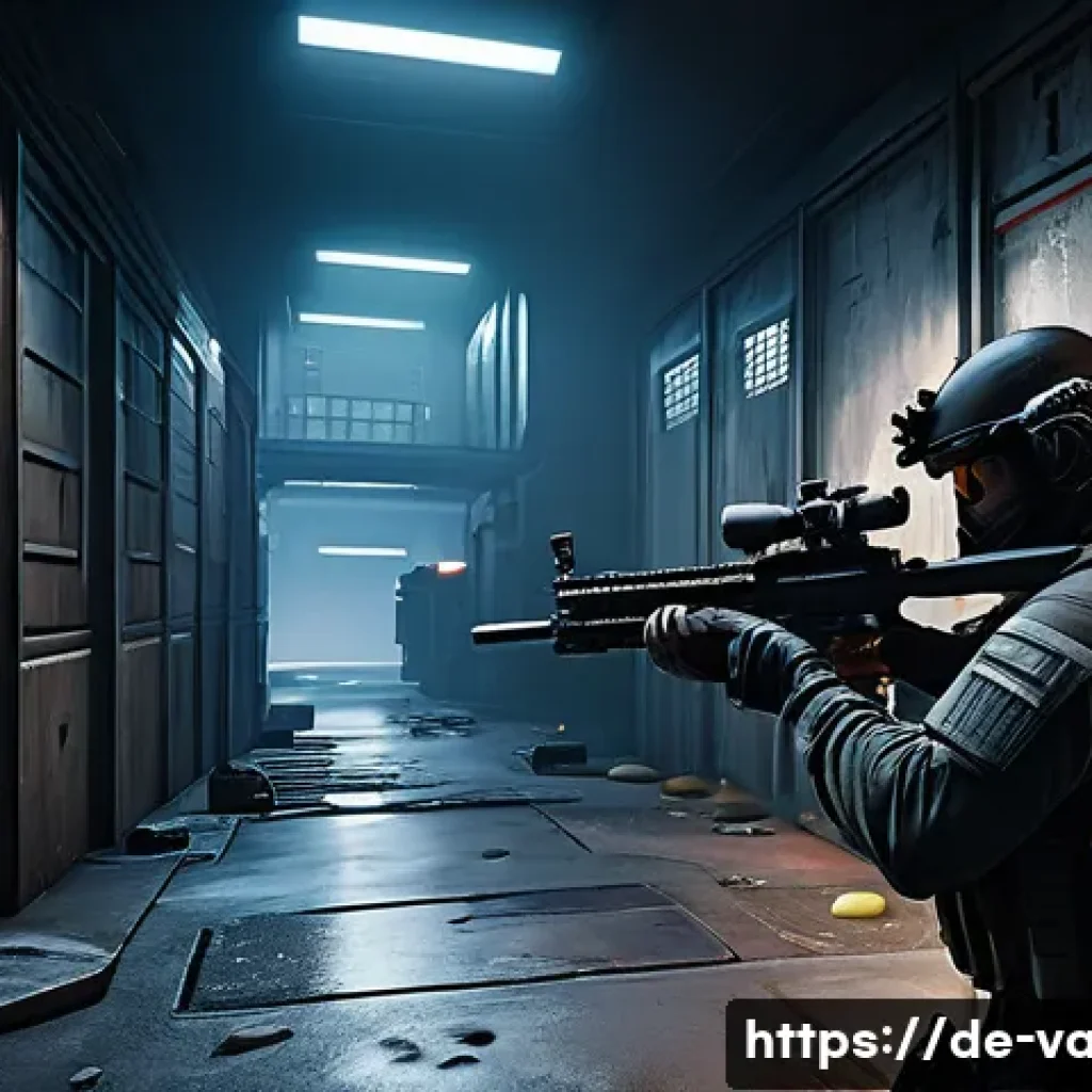 발로란트 경기 중 명당 활용 - A tactical first-person shooter scene set on a tight, urban map inspired by Valorant&rsquo;s Bind, featuri...