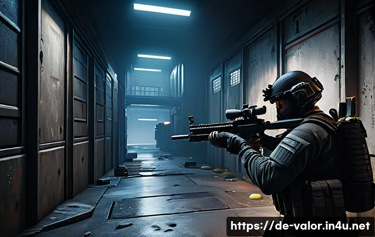 발로란트 경기 중 명당 활용 - A tactical first-person shooter scene set on a tight, urban map inspired by Valorant&rsquo;s Bind, featuri...