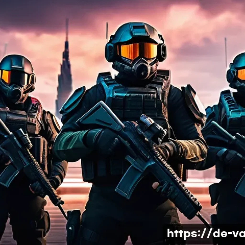 발로란트 신규 콘텐츠와의 조화 - A futuristic team of diverse agents in tactical gear, each showcasing unique abilities glowing with ...