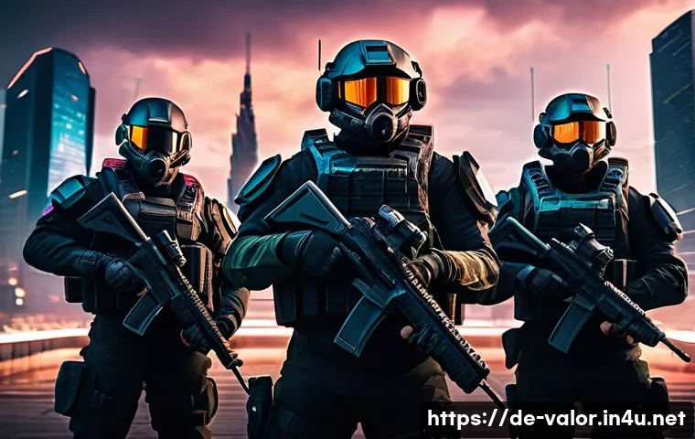 발로란트 신규 콘텐츠와의 조화 - A futuristic team of diverse agents in tactical gear, each showcasing unique abilities glowing with ...