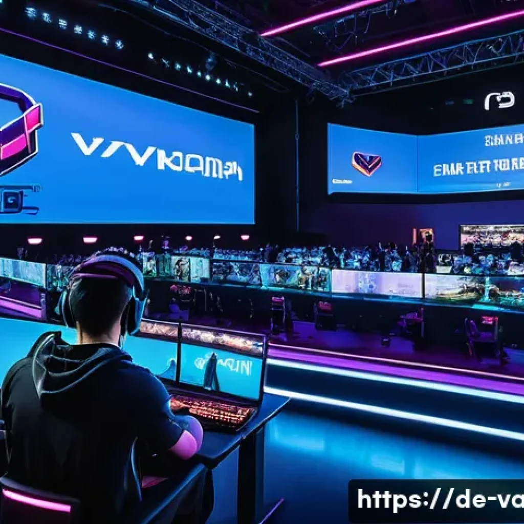발로란트 개인 리그 개최법 - A vibrant esports tournament scene set in a modern gaming arena, showcasing diverse teams of players...