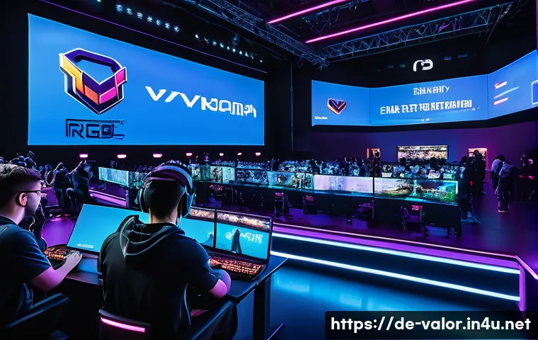 발로란트 개인 리그 개최법 - A vibrant esports tournament scene set in a modern gaming arena, showcasing diverse teams of players...