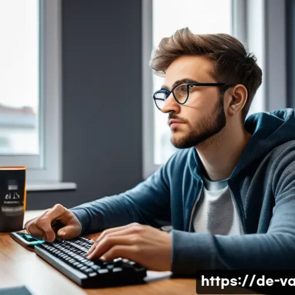 발로란트 랭크 게임 멘탈 유지법 - A focused young adult male gamer sitting at a modern gaming desk in a cozy, well-lit room with Germa...