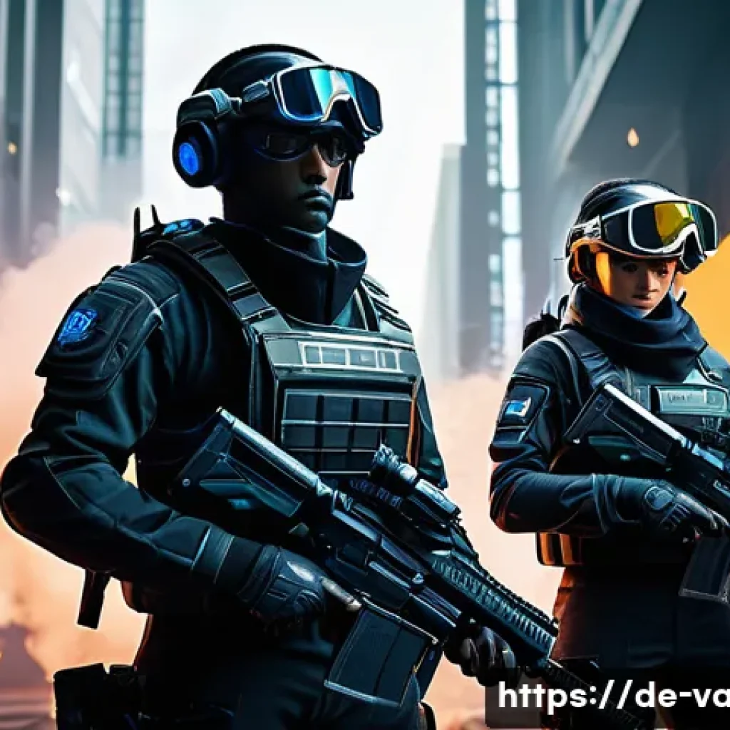 발로란트 초보자가 알아야 할 요소 - A dynamic esports team scene focused on strategic teamwork in a futuristic FPS game setting, showing...