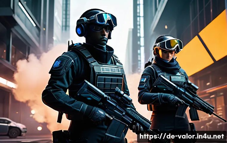 발로란트 초보자가 알아야 할 요소 - A dynamic esports team scene focused on strategic teamwork in a futuristic FPS game setting, showing...