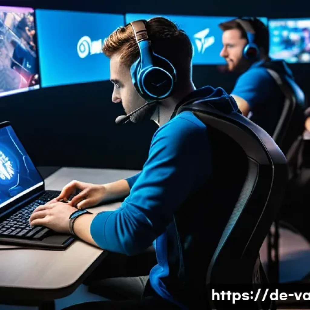 발로란트 랭크 게임 팁 - A dynamic esports team scene inside a high-tech gaming room in Berlin, Germany, with five diverse pl...