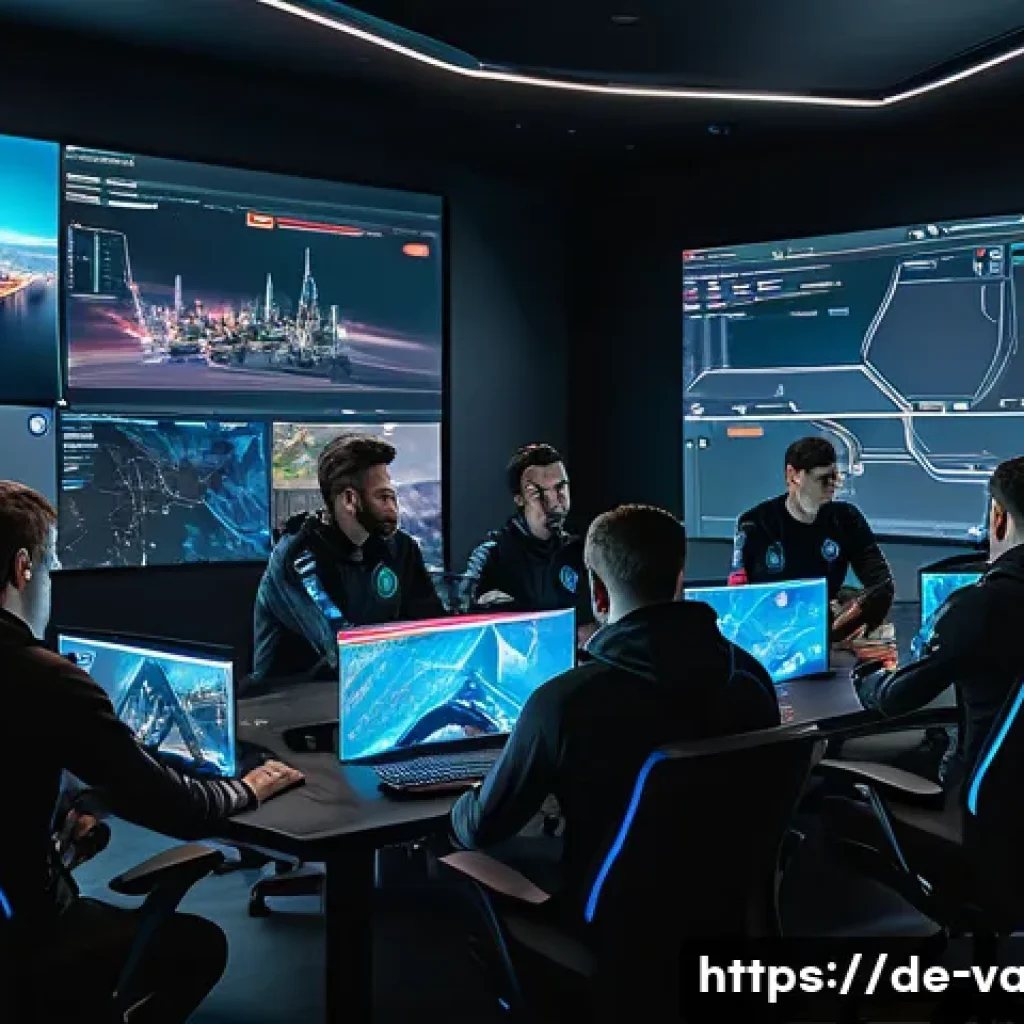 발로란트 최고의 경기 전략 콘텐츠 - A highly detailed tactical esports team meeting in a modern gaming room, showcasing five diverse pro...