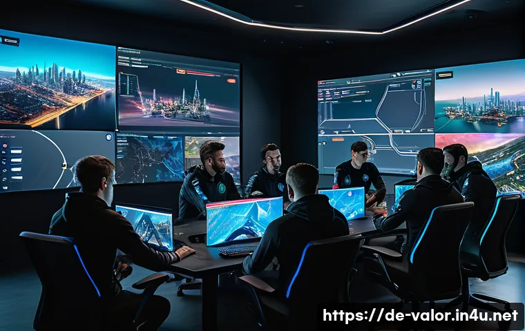 발로란트 최고의 경기 전략 콘텐츠 - A highly detailed tactical esports team meeting in a modern gaming room, showcasing five diverse pro...