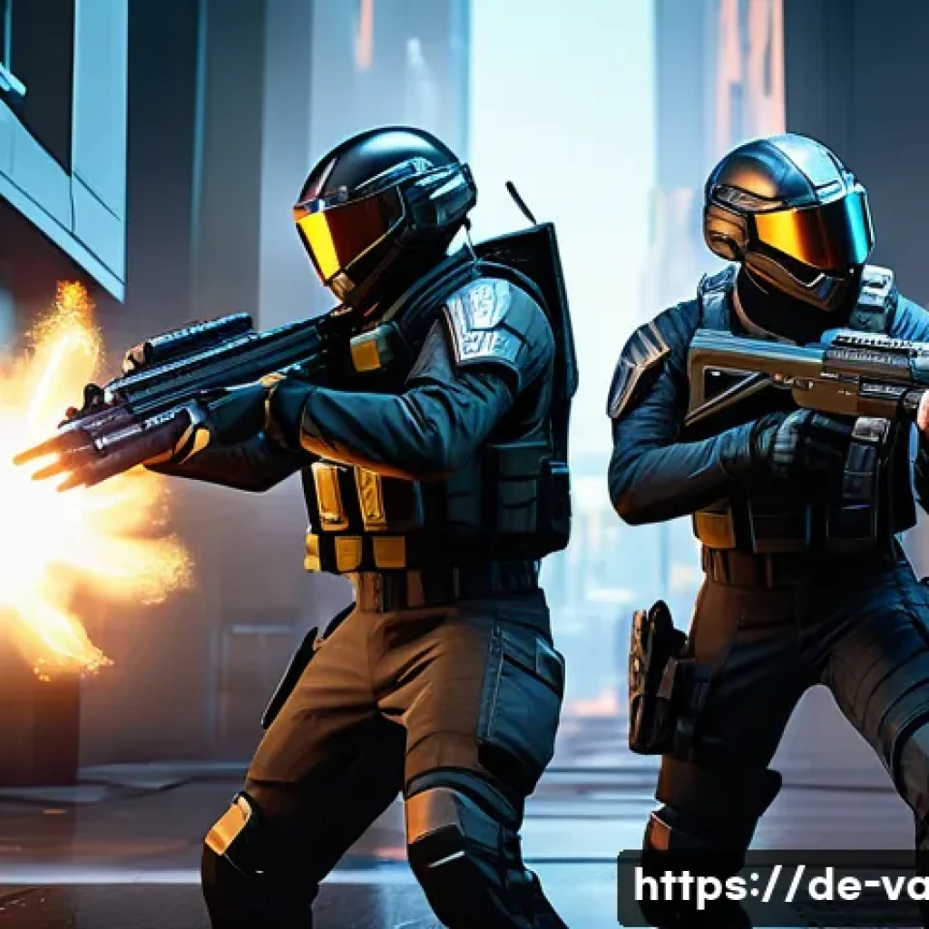 발로란트 정기 패치 소식 - A dynamic in-game scene showcasing a balanced tactical confrontation between two Valorant agents, on...
