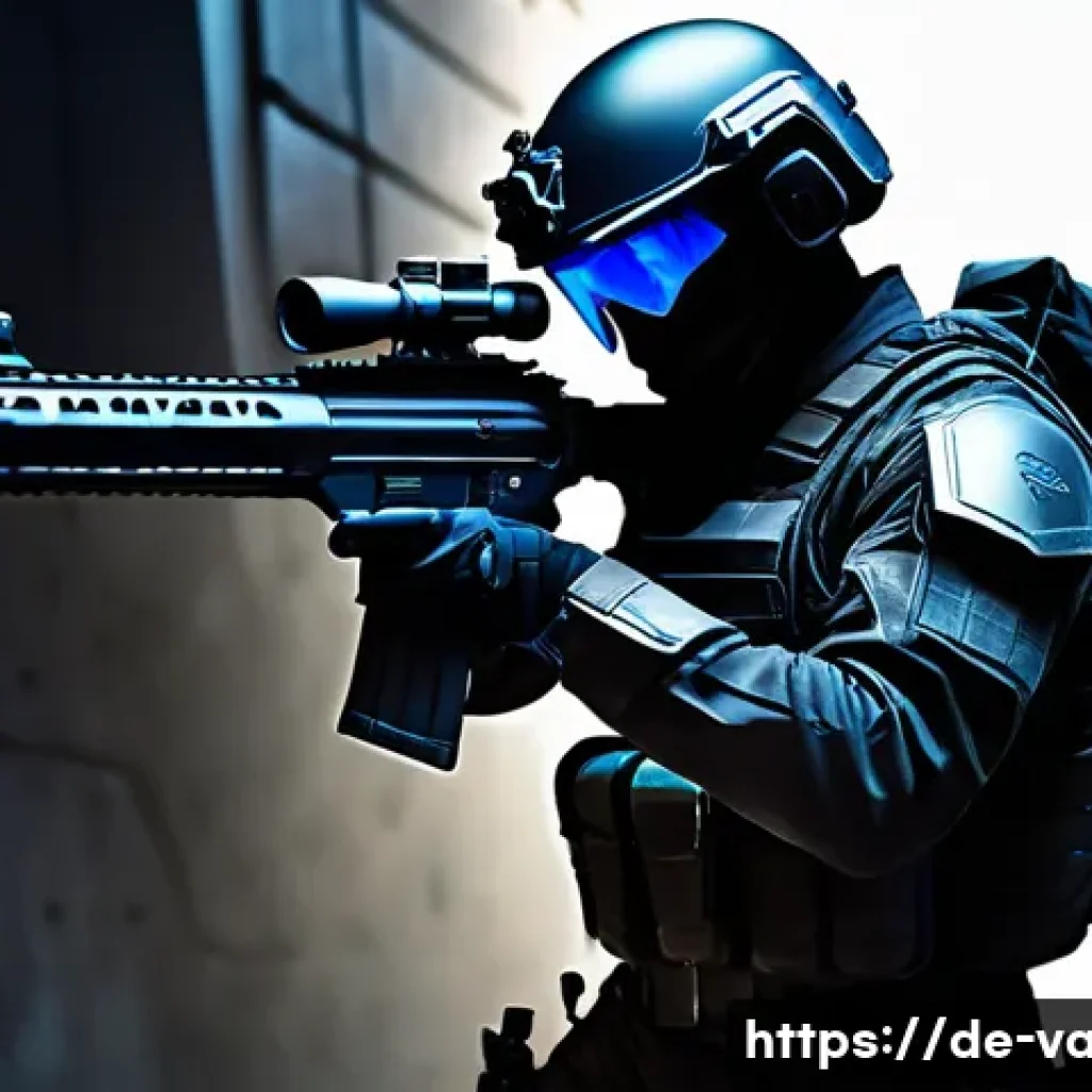 발로란트 새로운 총기 리뷰 - A futuristic semi-automatic rifle showcased in a dynamic urban combat scene, emphasizing precise tim...