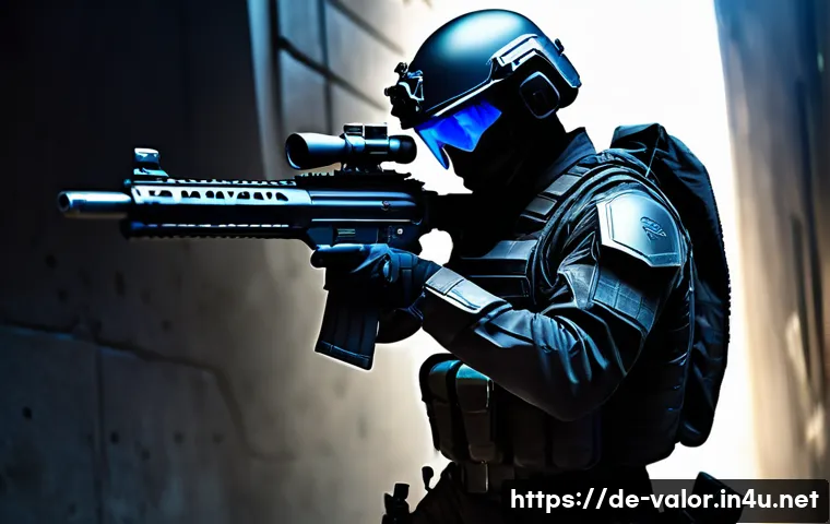 발로란트 새로운 총기 리뷰 - A futuristic semi-automatic rifle showcased in a dynamic urban combat scene, emphasizing precise tim...