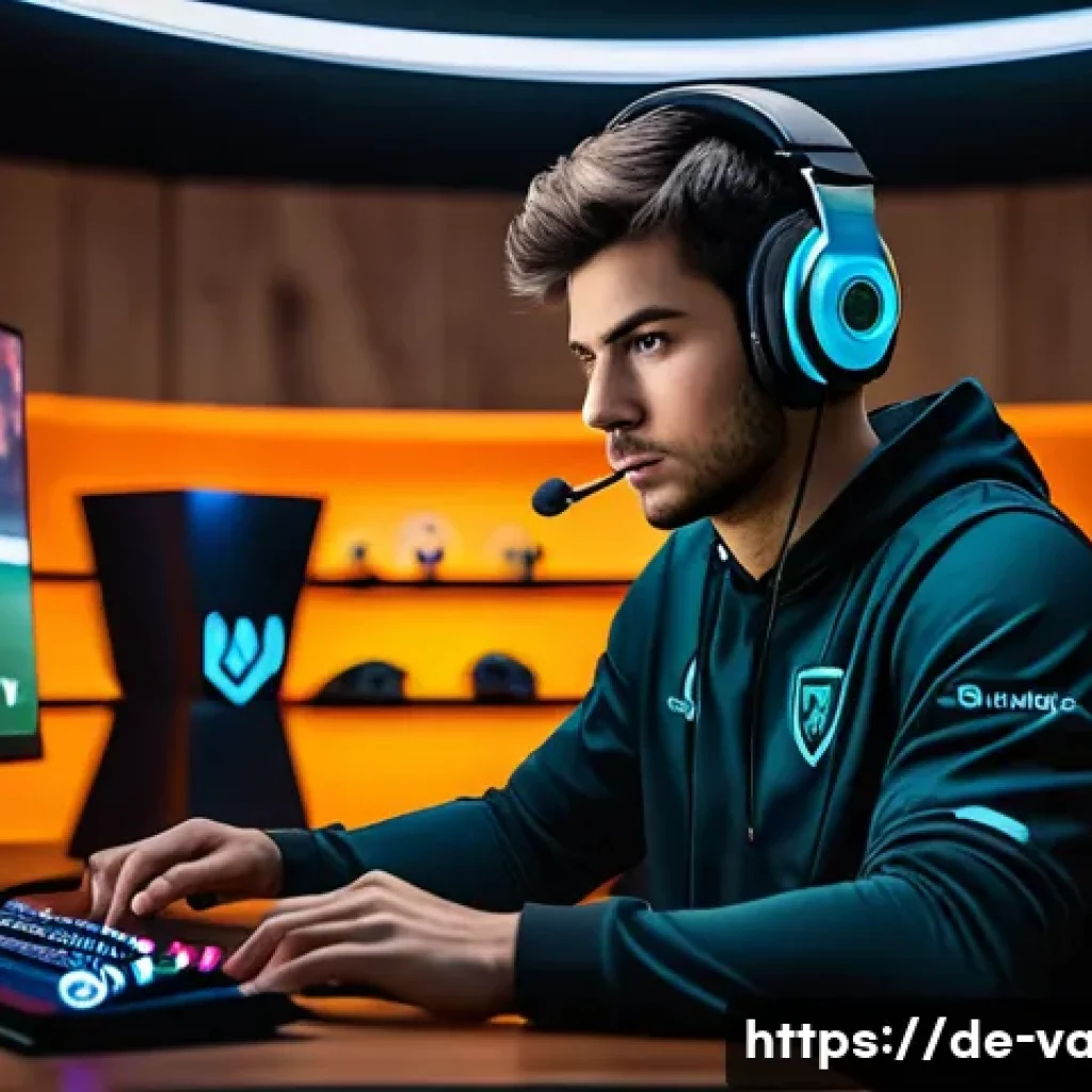 발로란트 커뮤니티에서 인기 있는 주제 - A dynamic esports scene showing a focused professional Valorant player in a modern gaming setup, wea...