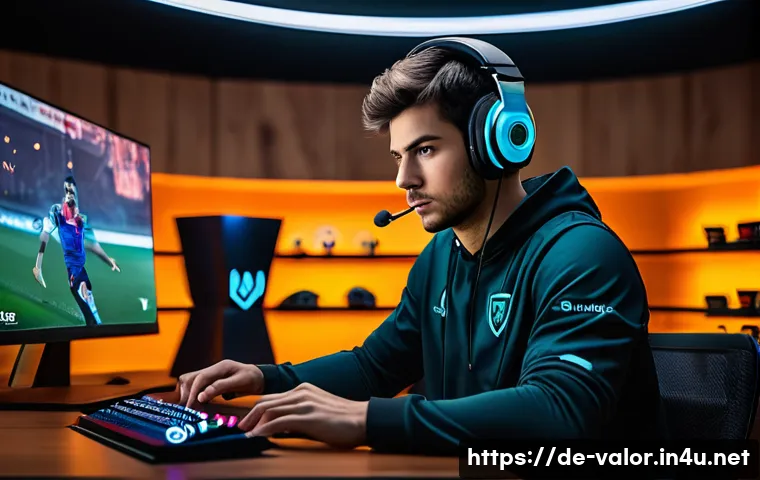 발로란트 커뮤니티에서 인기 있는 주제 - A dynamic esports scene showing a focused professional Valorant player in a modern gaming setup, wea...