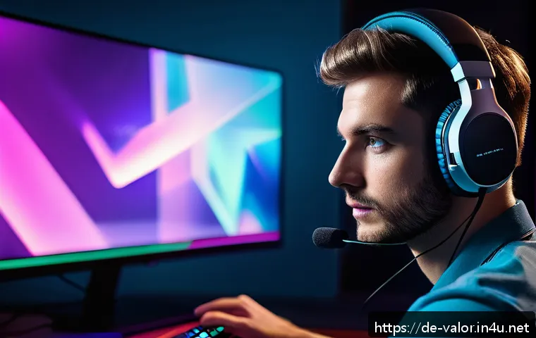발로란트 최고의 사운드 세팅 - A detailed close-up of a professional gamer wearing a high-end gaming headset with visible noise-can...