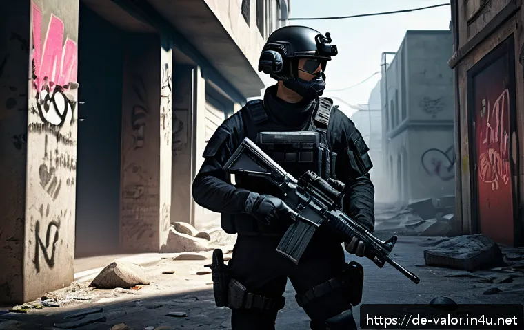 발로란트 유저들의 공략법 - A dynamic first-person shooter game scene set in a detailed, modern urban map at dusk, showcasing a ...