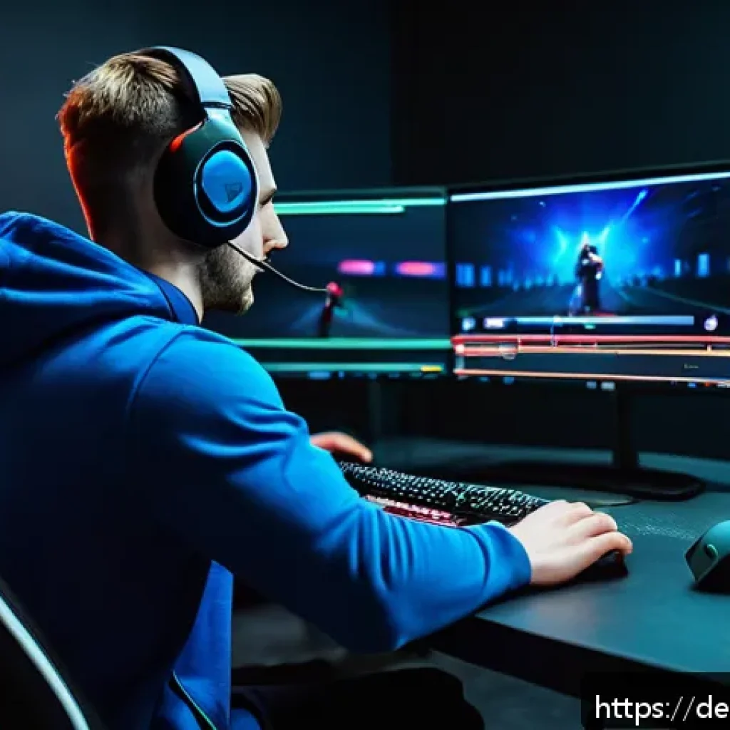 발로란트 단기 실력 향상 훈련법 - A focused esports player in a modern gaming room practicing reflex and aim training on a PC with dua...