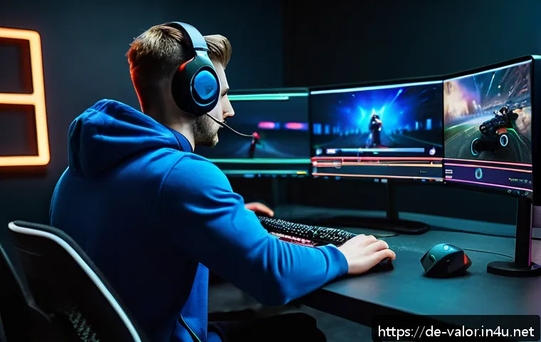 발로란트 단기 실력 향상 훈련법 - A focused esports player in a modern gaming room practicing reflex and aim training on a PC with dua...
