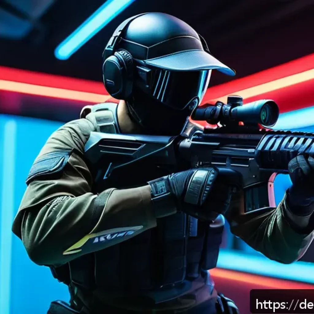 발로란트 패치 이후 무기 밸런스 - A dynamic esports scene featuring a professional gamer intensely aiming with a futuristic Vandal rif...