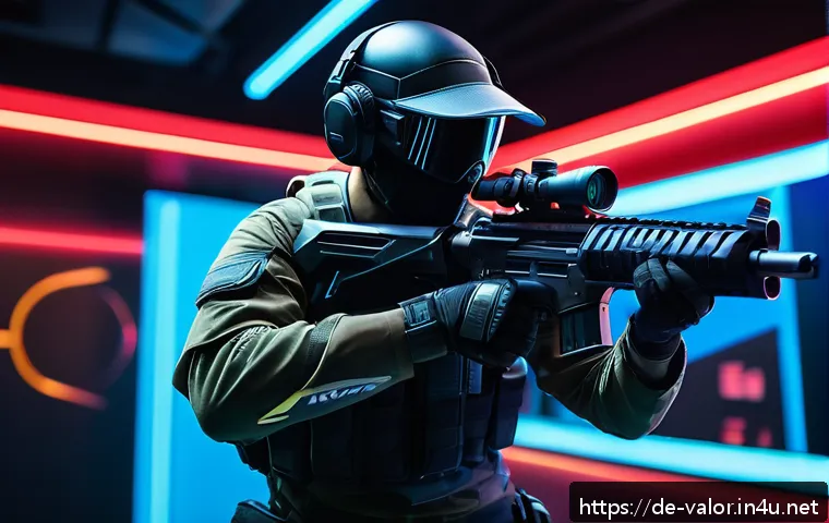 발로란트 패치 이후 무기 밸런스 - A dynamic esports scene featuring a professional gamer intensely aiming with a futuristic Vandal rif...