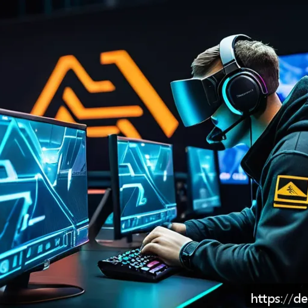 발로란트 초보자가 해야 할 10가지 - A dynamic esports team scene set in a modern gaming arena, featuring a diverse group of four players...