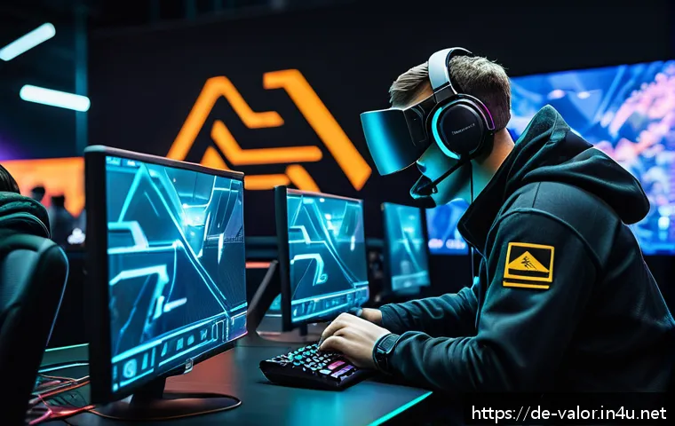 발로란트 초보자가 해야 할 10가지 - A dynamic esports team scene set in a modern gaming arena, featuring a diverse group of four players...