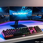 발로란트 마이크 설정 꿀팁 - A modern gaming setup in a cozy German bedroom featuring a young adult male wearing a comfortable he...