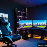 발로란트 클립 만들기 팁 - A high-tech gaming setup in a modern German-style room, featuring a powerful desktop PC with RGB lig...