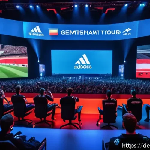 발로란트 최신 e스포츠 뉴스 - A high-energy esports arena scene featuring a German Valorant team mid-match during the Valorant Cha...
