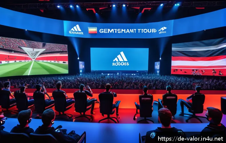 발로란트 최신 e스포츠 뉴스 - A high-energy esports arena scene featuring a German Valorant team mid-match during the Valorant Cha...
