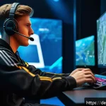 발로란트 프로 유저 경기 스타일 - A high-stakes esports team in a modern German gaming arena, intensely focused on a large digital map...