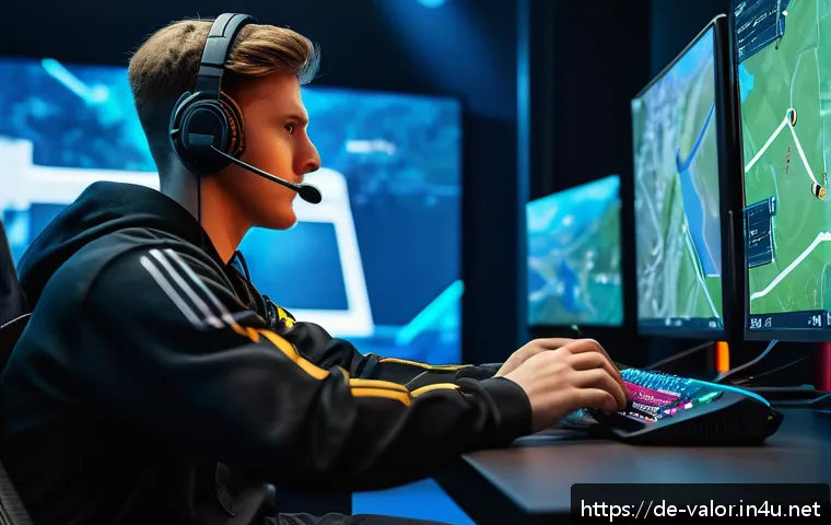 발로란트 프로 유저 경기 스타일 - A high-stakes esports team in a modern German gaming arena, intensely focused on a large digital map...