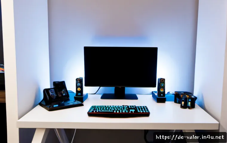 발로란트 스킨의 진화 과정 - Photorealistic gaming desk in a modern Berlin apartment at dusk, three sleek futuristic fictional ta...
