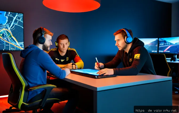 Home 15 발로란트 최고의 팀 조합 - Photorealistic esports team strategy session in a modern Berlin gaming lounge, five diverse young ad...