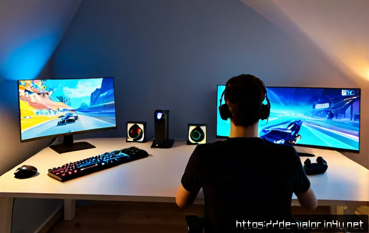 발로란트 크로스 플랫폼 지원 여부 - Photorealistic German gaming apartment at dusk, a young adult gamer seated at a clean desk with a de...