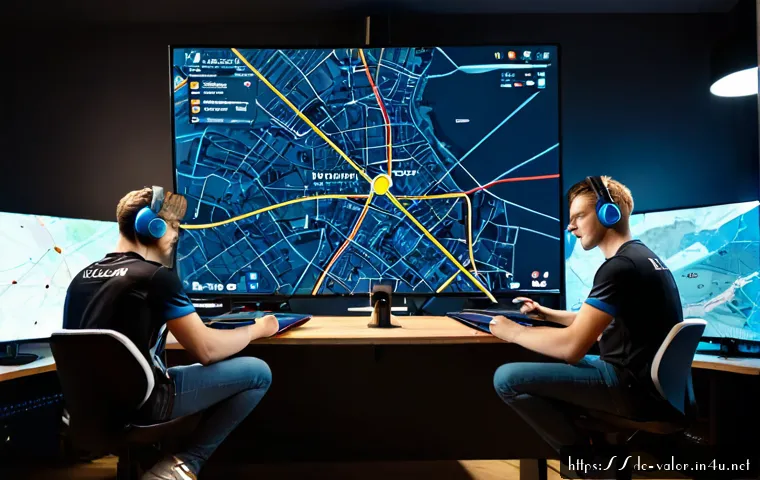 발로란트 공격 맵별 전략 - Photorealistic esports strategy scene in a modern Berlin gaming lounge, focused young German team we...
