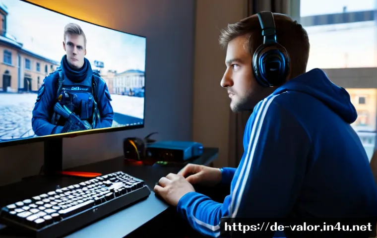 Home 17 발로란트 경쟁전 패치 노트 - Photorealistic German esports player at a clean modern desk in Berlin, studying a tactical shooter g...